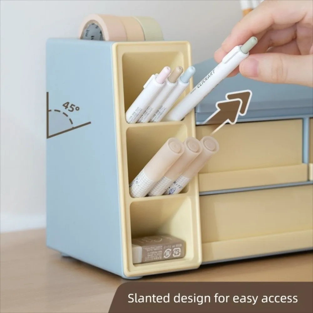 

Large Capacity Slanted Pen Holder Desk Organizer with Drawer Desk Stationery Storage Box Finishing Shelf Ornament