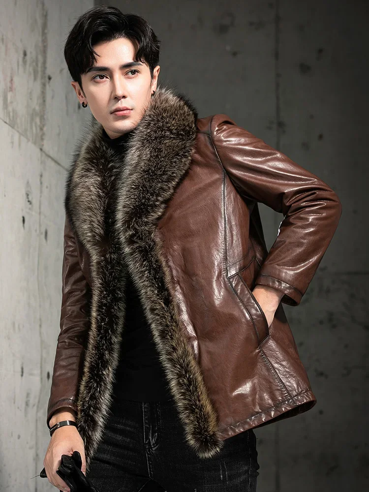 Tcyeek Winter Warm Raccoon Dog Fur Collar Coat Man Natural Mink Fur Liner Jacket Men Clothes Casual Sheepskin Real Leather Coats