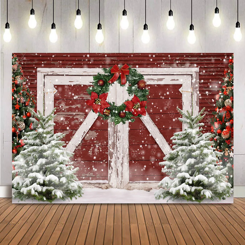 Christmas Red Door Backdrop for Photography Newborn Children Kids Portrait Background for Photo Studio Photocall Pine Tree