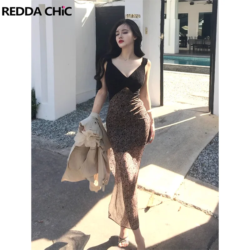 ReddaChic Sexy Vrouwen Stitch Kant Tank Jurk Romantische Rose Print V-hals Uitgesneden Bodycon Midi Lange Jurk Zomer Nacht Clubwear