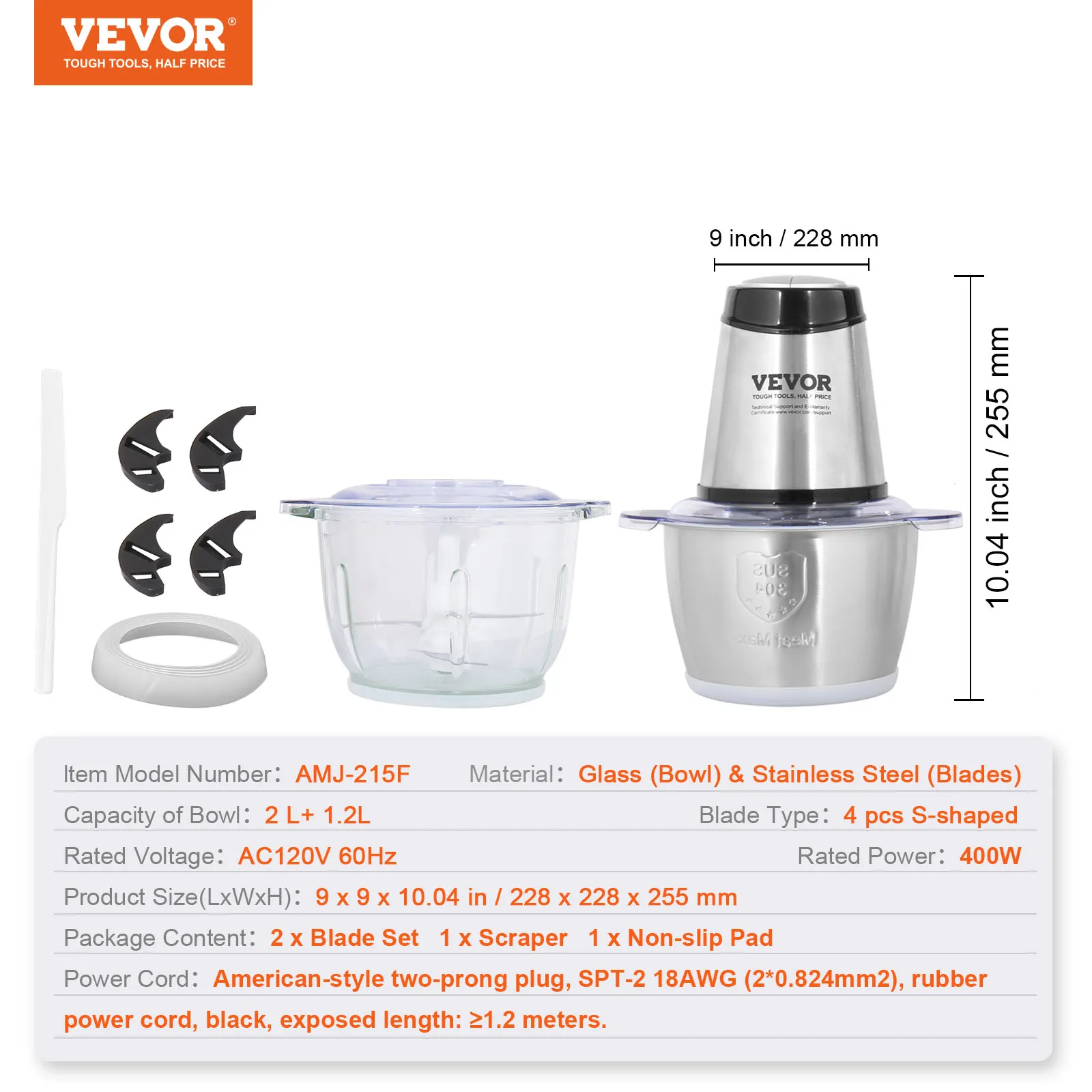 VEVOR  Electric Meat Grinder with 4-Wing Stainless Steel Blades8 Cup+5 Cup Two Bowls 400W Electric Food Chopper  for Baby Food