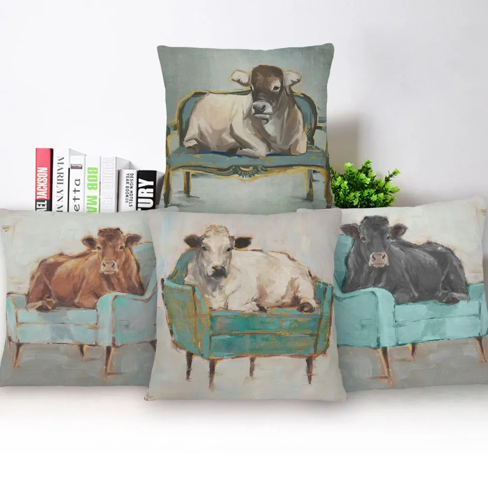 

White Bull Resting in Brown Chair Cow Animals Painting Cushion Cover Decorative Pillows For Sofa Room Decoration