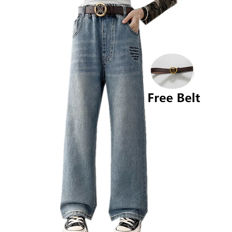 

Child New Vintage Letter Jeans with Belt For Girl Hip Hop Popular High Waist Straight Denim Pants Kids Casual Jeans Trousers