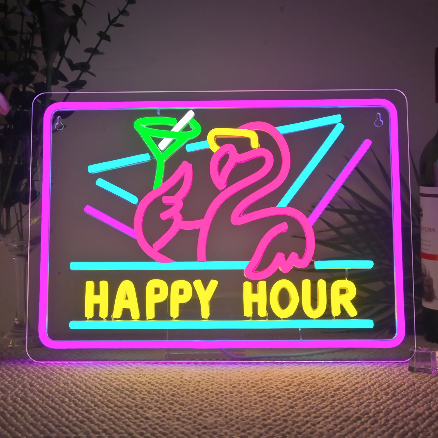 

Flamingos Happy Hour Neon Sign LED Dimmable Led Neon Lights Wall Hanging Decor for Bar Man Cave Beer Beach Party Light Up Sign
