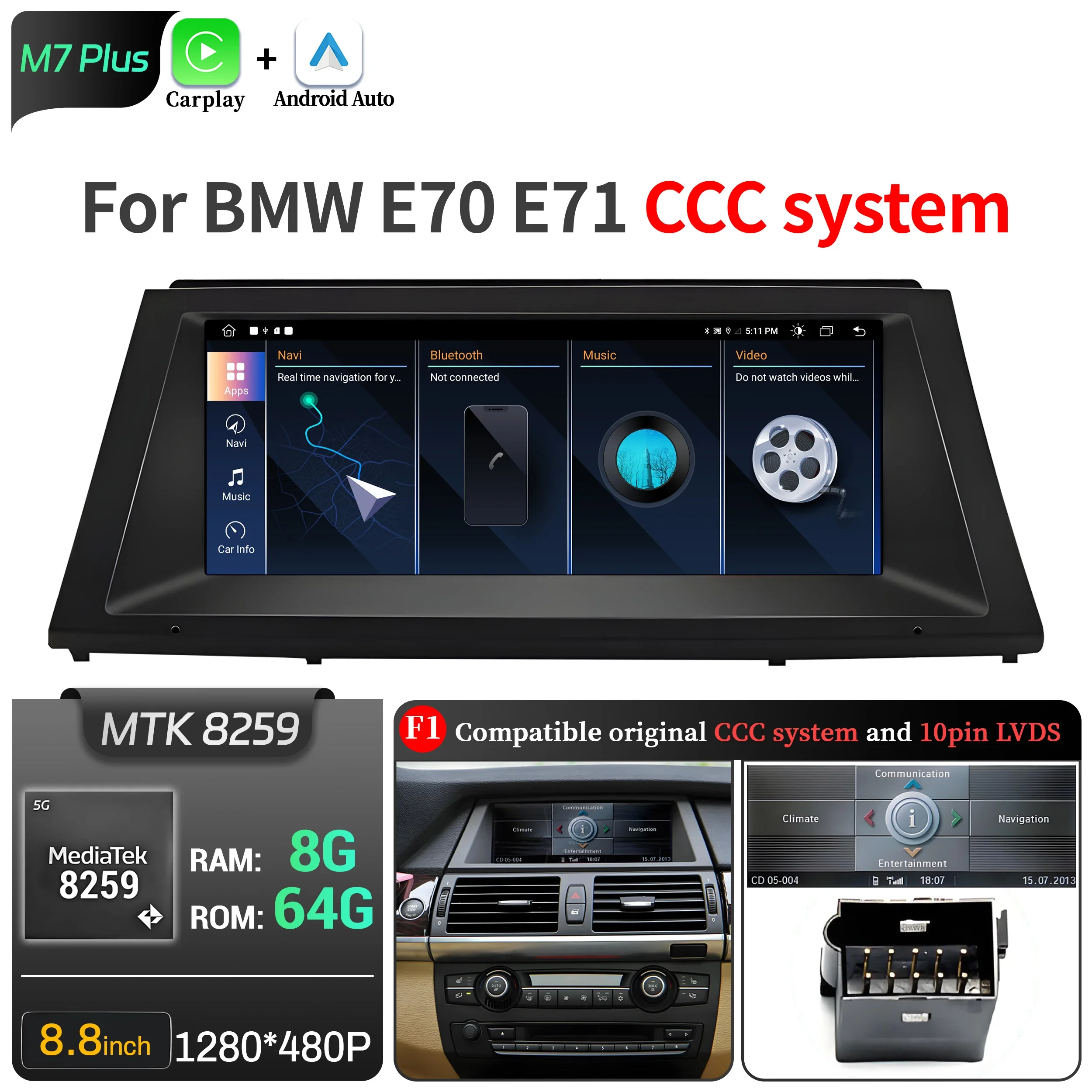 8.8 inch Android 13 Voor BMW X5 E70 X6 E71 E72 Autoradio GPS Draadloze BT Carplay Qualcomm Snapdragon 680 Head Unit Touchscreen