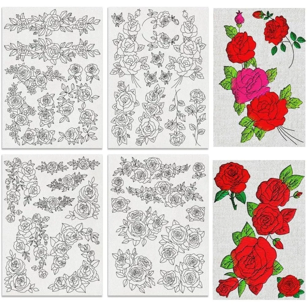 4 Sheets Roses Sewing Embroidery Stabilizers 42pcs Flowers Embroidery Paper with Pre-Printed Water Soluble Stabilizer making kit