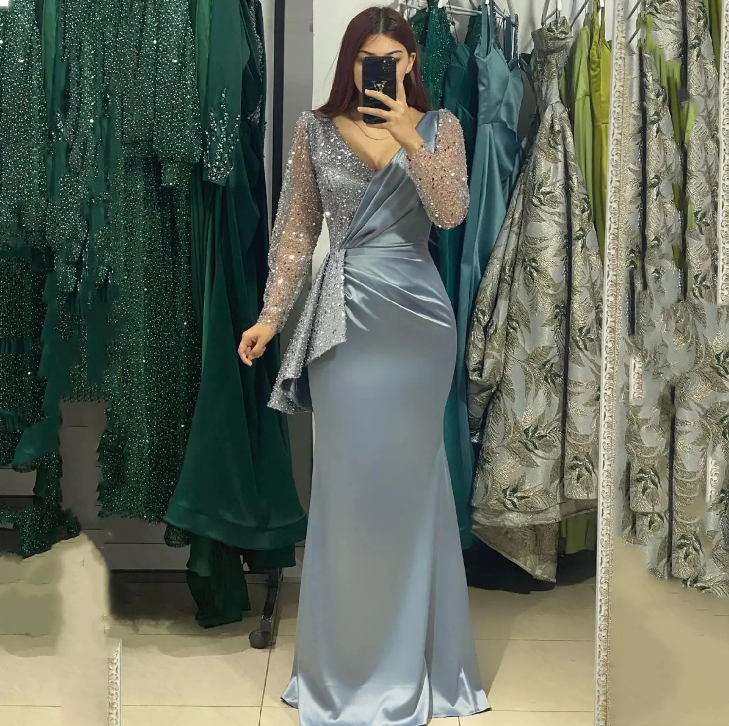 Glitter Elegant Mermaid Evening Dress Sparkly V-Neck Long Sleeves Pleated Prom Dress Ruffles Shiny Satin Party Gowns Customized