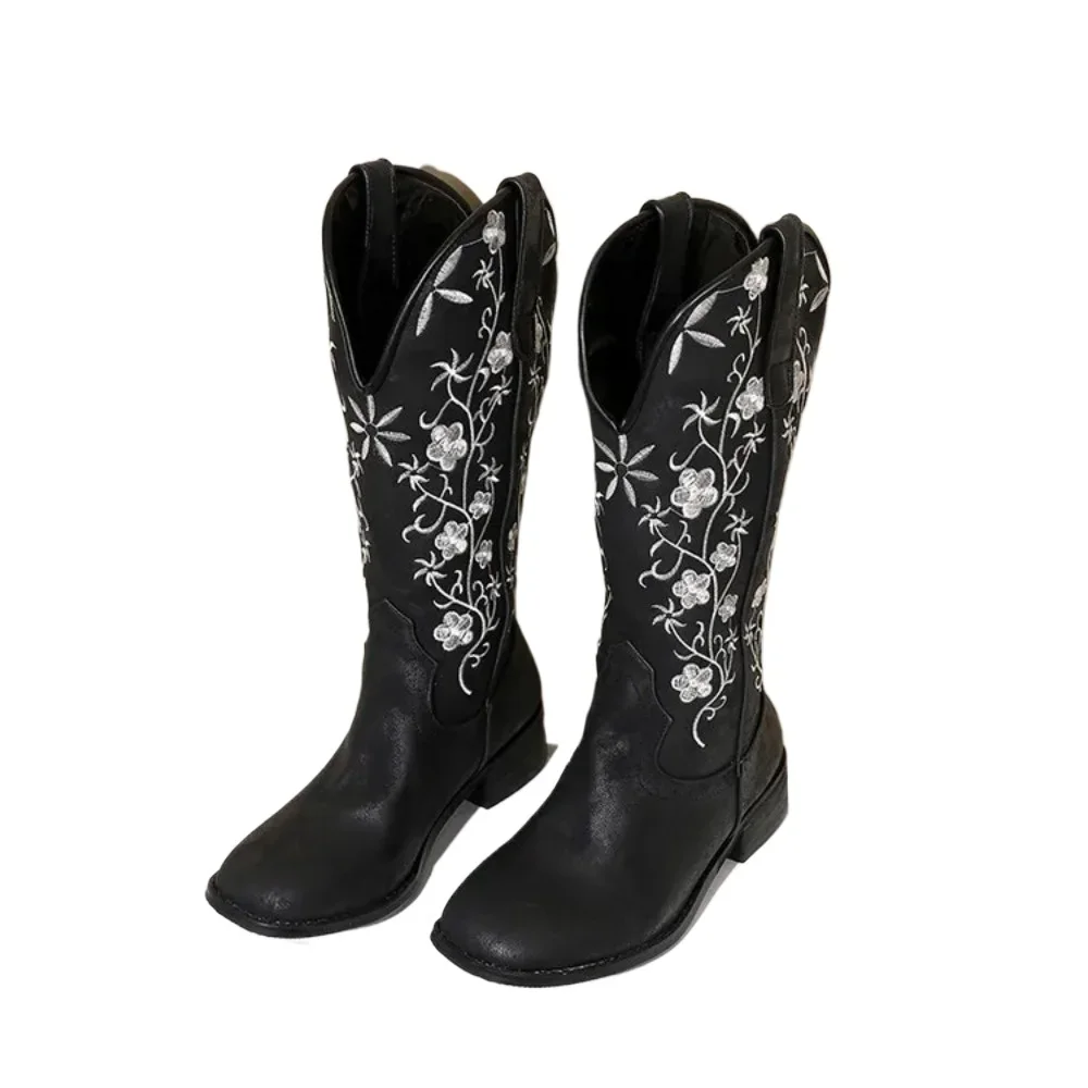 

BLXQPYTknee High Boots Women Fashion Embroidered Leather Autumn Winter SquareToe Chunky Heels Platform Boots 03537