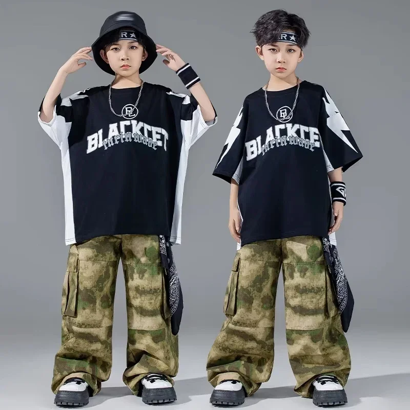 

Street Dance Children's Clothing Jazz T-shirt Camouflage Pants Hip Hop Dancer Stage Outfit Boys Fashion Streetwear