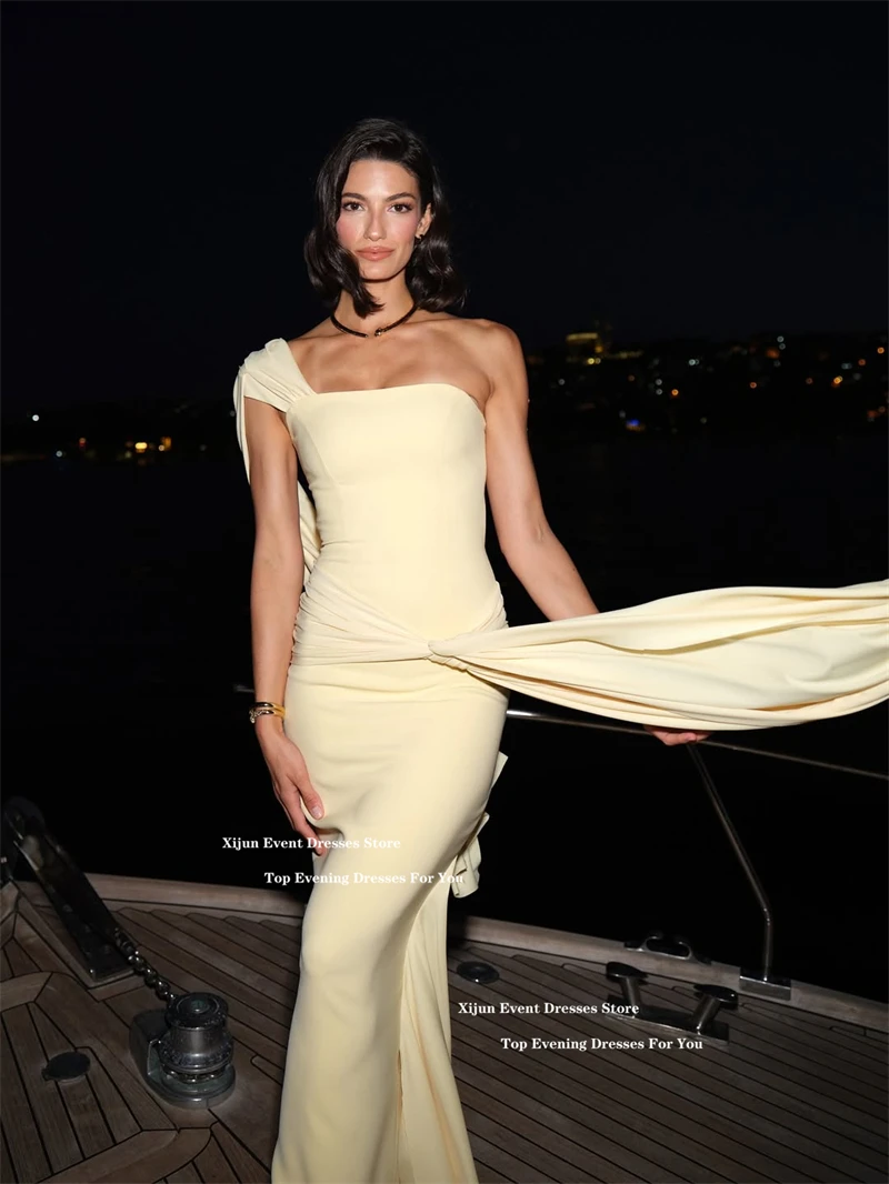 Xijun bébé jaune Stretch crêpe robes de soirée une épaule saoudienne arabe robes de bal plis sirène robes de bal 2025 personnalisé