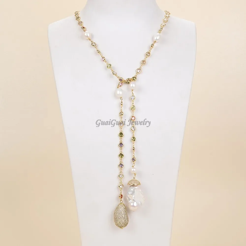 

49" White Keshi Pearl multi color Cz Pave Chain Long Necklace