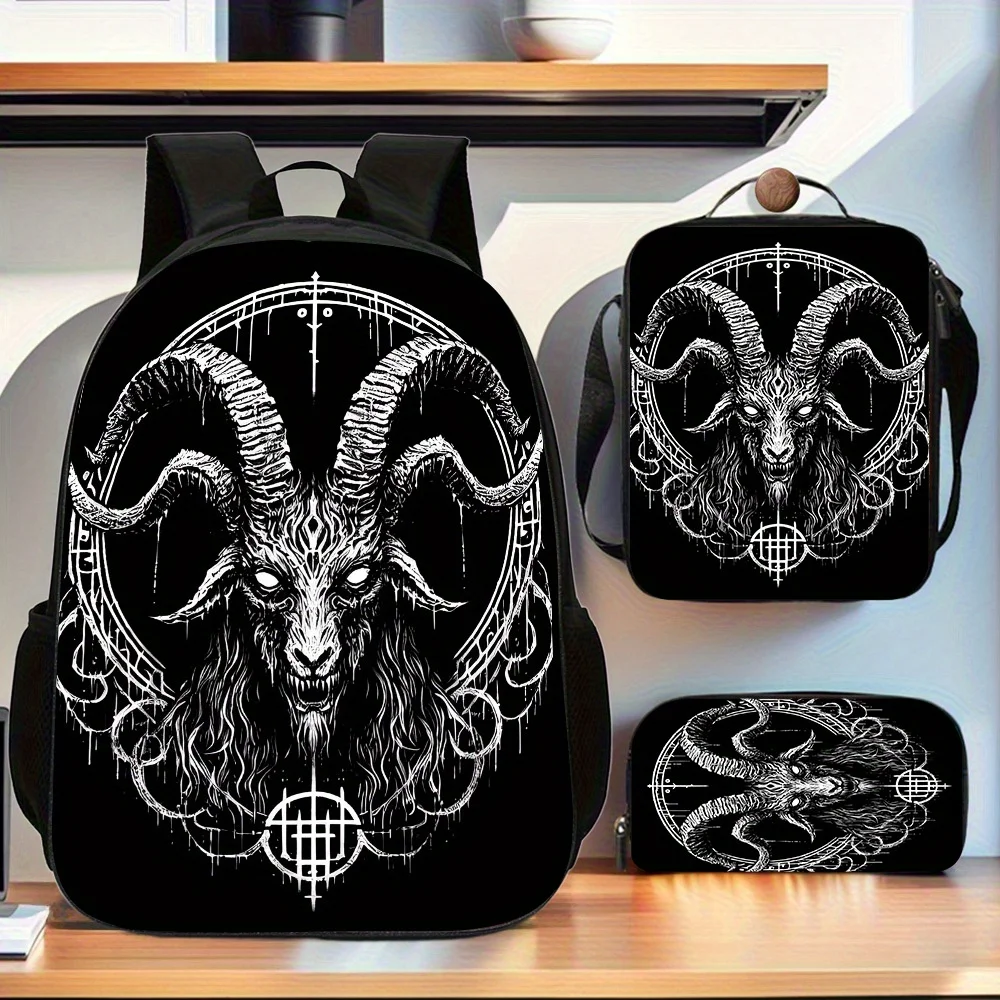 

Baphomet 3pcs Trendy Backpack Set, Includes Large Capacity Book Bag & Handbag & Pen Case, Perfect School Bag Set for Travel Use
