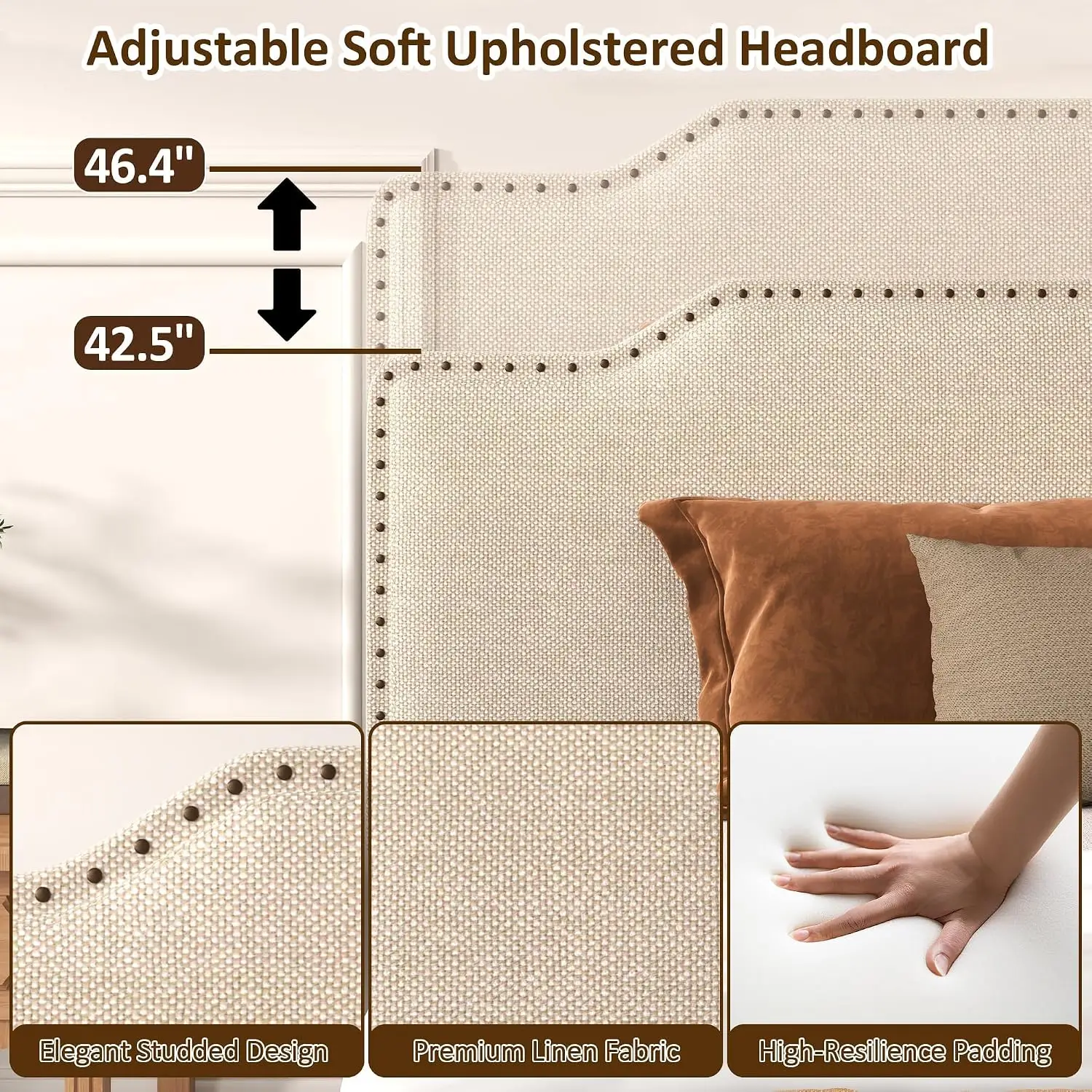 King Bed Frame Upholstered Adjustable Headboard Wood Platform Soft Linen Studded Design Wooden Slats No Box Spring, Customized