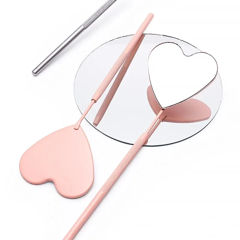 Espejo de corazón para pestañas, espejo de mango largo de acero inoxidable para comprobar extensiones de pestañas postizas, herramientas de maquillaje de injerto, 1 ud.