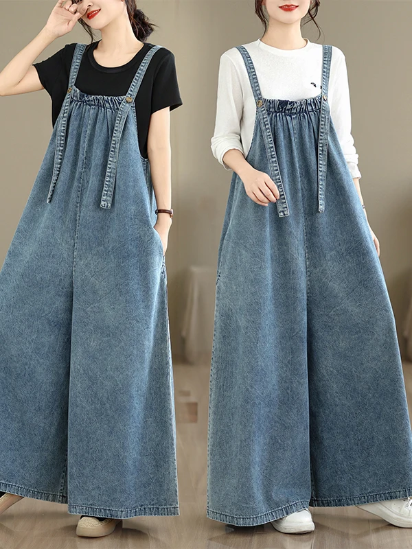 Retro Loose Slimming Denim Overalls Women's Spring Summer Autumn Youthful Versatile Extended Length One-Piece Long Pants