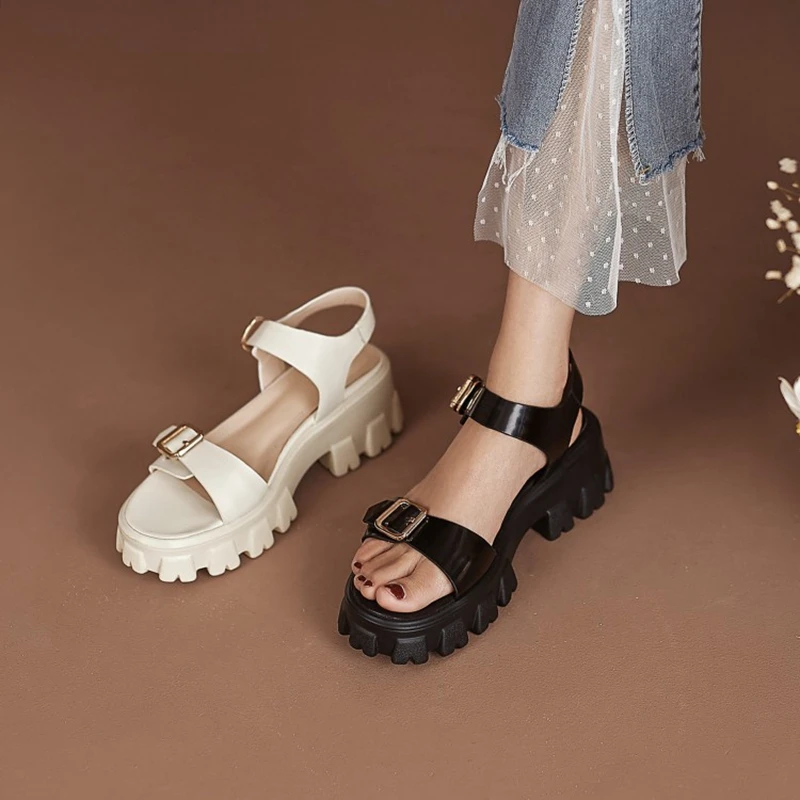 2024 New Summer Women Shoes Concise Thick Heel Leather Sandals Platform Shoes Platform Sandals White Genuine Leather Flats black