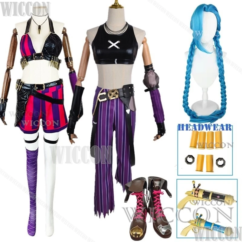 Anime Game LOL Arcane Cosplay Costume Crit Loli Jinx Cosplay Loose Cannon Cosplay Outfit Wig Sexy Women Carnival Outfit Finger