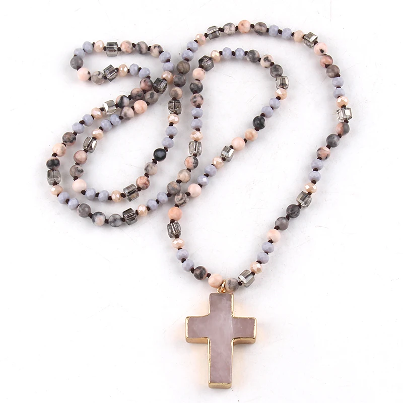 Fashion Bohemian Jewelry Accessory 6mm Stone/Glass Knotted Cross Stone Pendant Necklaces For Women