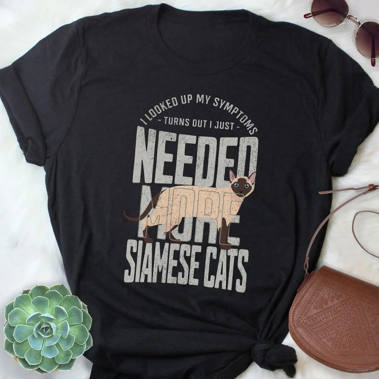 Funny I Looked Up My Symptoms Need More Siamese Cats T Shirt Cute Cat Lover for Mom Dad Pet vintage Washed fashion Stretched