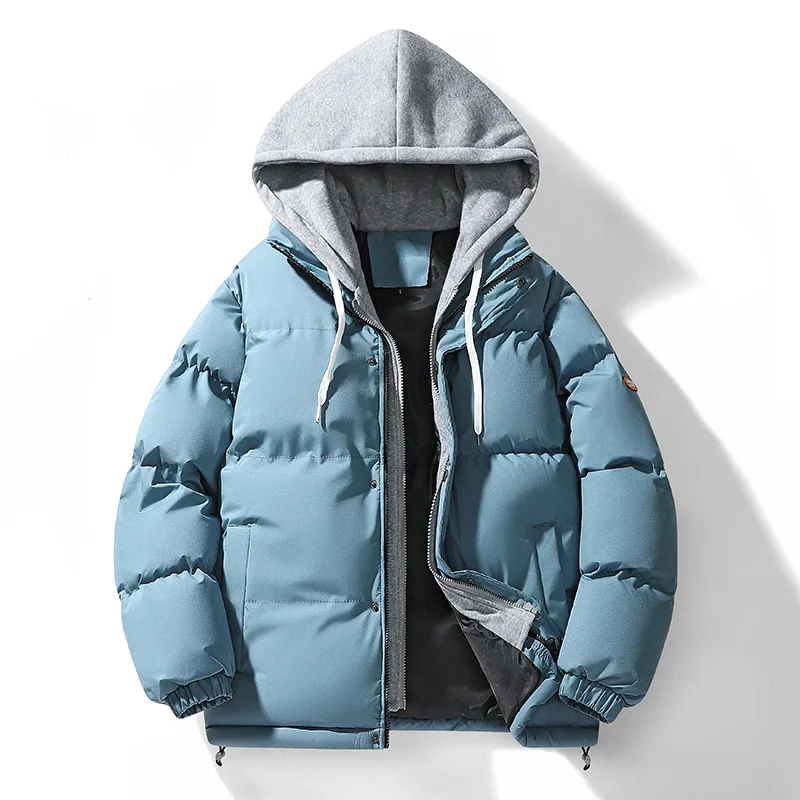Autumn Winter Men's Fake Two Pieces Hooded Padded Jacket Large Size Loose Fashion Casual Thickened Cold Proof Warm Wadded Jacket