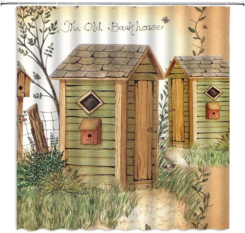 Primitive Country Outhouse Shower Curtain Rustic Farmhouse Vintage Wooden Old Outhouse Tree Grassland Leaves Floral Western