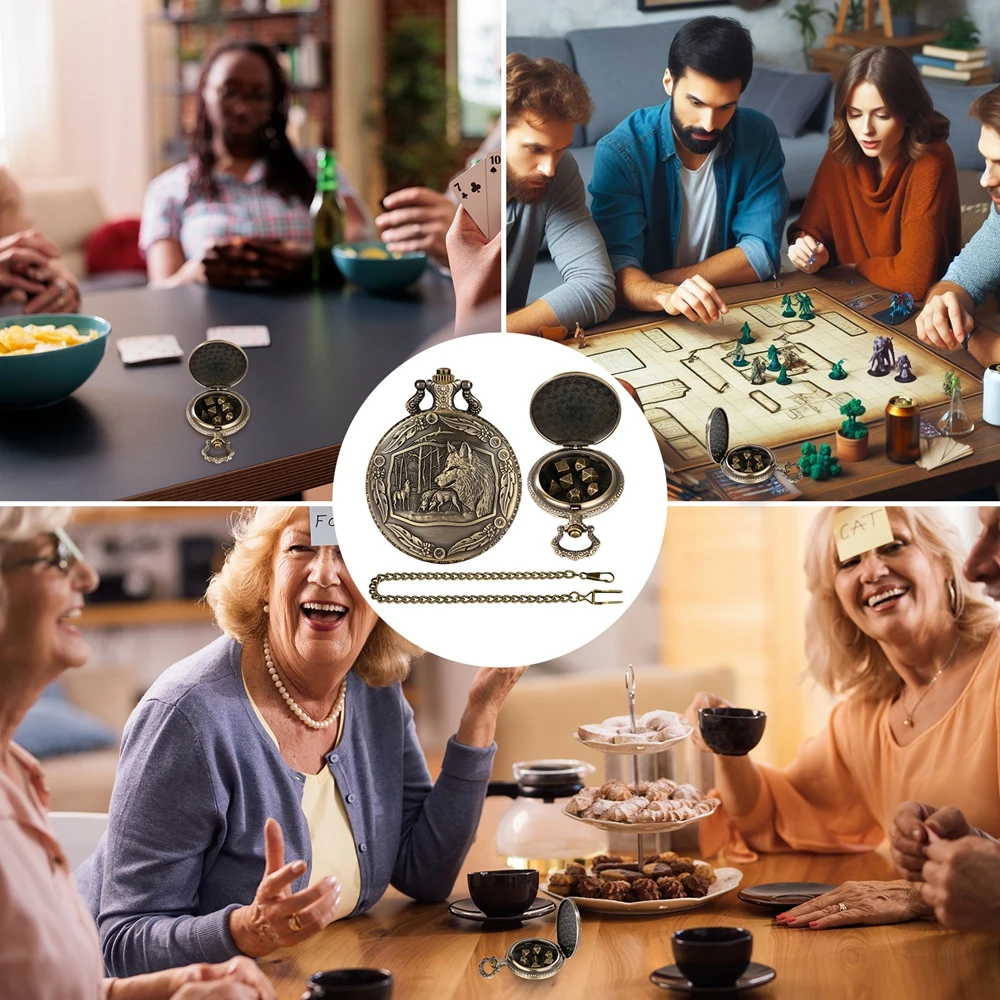 حقيبة ساعة جيب معدنية منحوتة من الذئب ، مصممة تحت عنوان ، لعبة النردات متعددة السطوح ، سلسلة الخصر ، هدايا للرجال ، 7 *