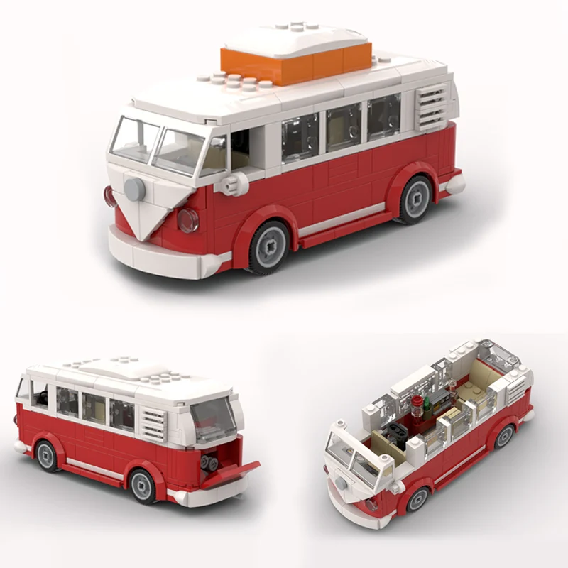 

City Car Model MOC Building Bricks Red-White Vintage Camper Van Modular Technology Children Holiday Gifts Assemble Toys Suit