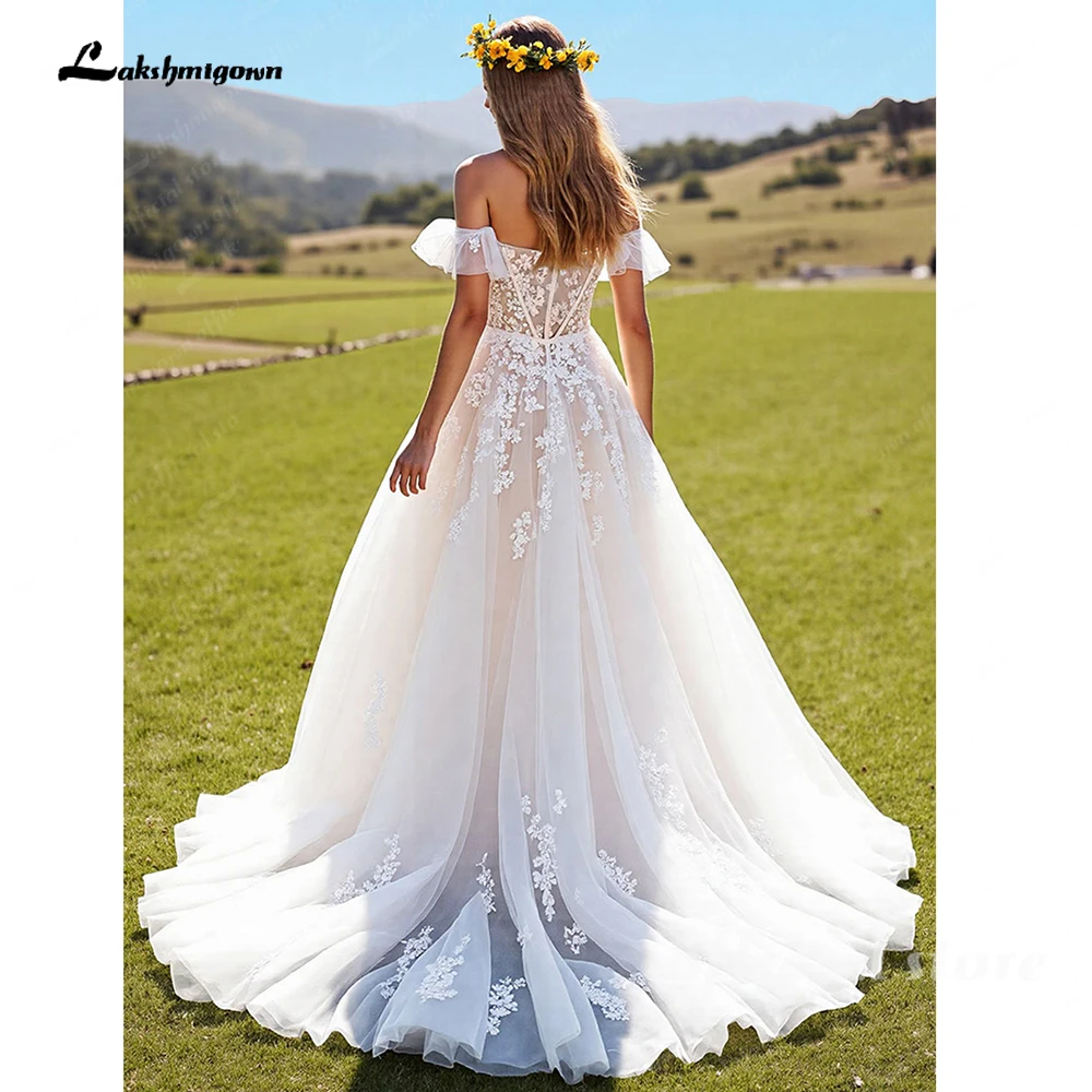 Lakshmigown قبالة الكتف ألف خط زين العاج مشد فستان الزفاف يزين الدانتيل مخصص فساتين الزفاف البلد