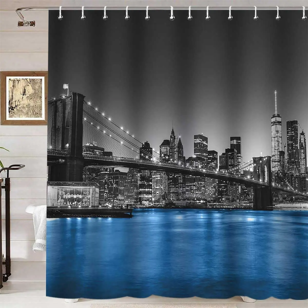 Manhattan Brooklyn Bridge Cityscape Shower Curtain New York American City Landscape Famous Building Night View Bathroom Curtains