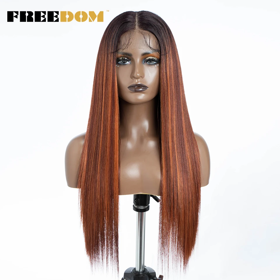 الحرية الاصطناعية الدانتيل الجبهة الباروكات للنساء 30 بوصة مستقيم 13x7 الدانتيل الباروكة الأمامية جزء مجاني الباروكات أومبير براون النحاس شعر مستعار الدانتيل #4