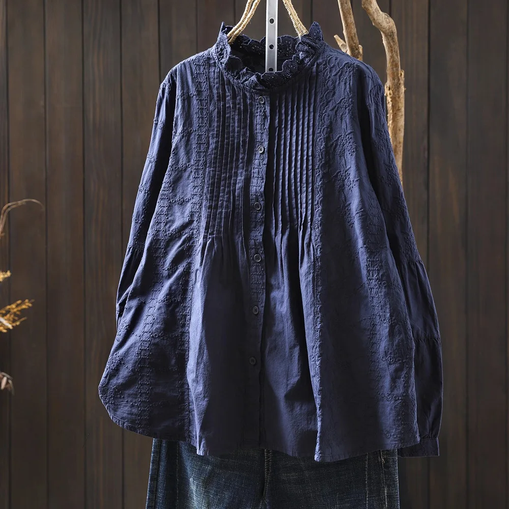 Luksusowe ubrania damskie 2026, koszule i bluzki z stójką, białe, beżowe, niebieskie, z koronką, haftowane, plisowane, z czystej bawełny, topy damskie.