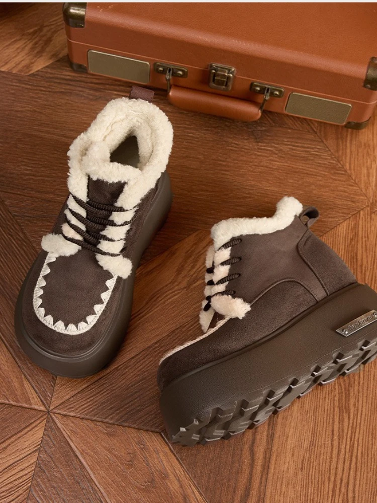 Fujin 10 سنتيمتر 3 بوصة منصة الأحذية جلد طبيعي الجلد المدبوغ الثلوج الأحذية الكاحل الحرارية الدافئة معزول أحذية الشتاء مريحة النساء