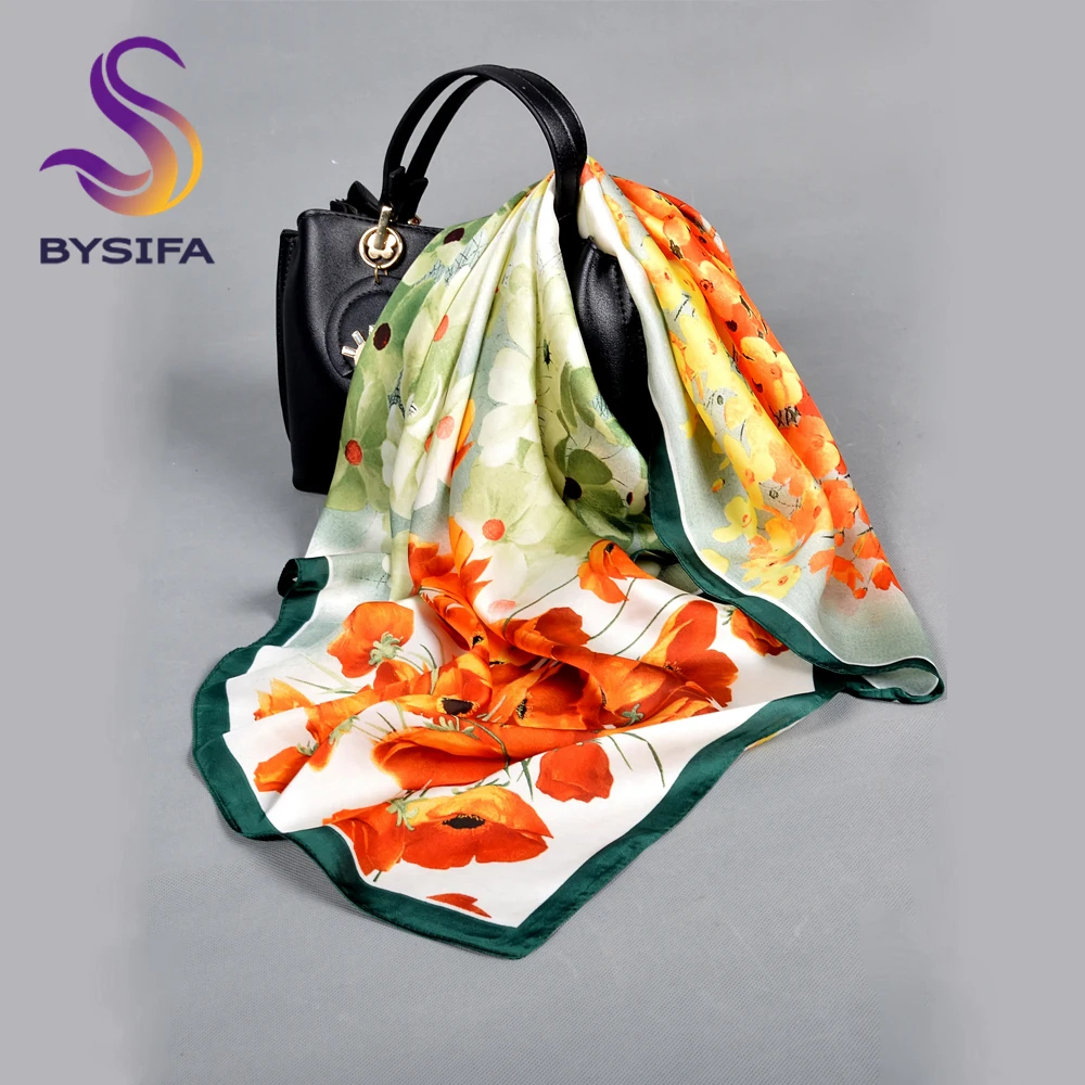 BYSIFA| Top Grade Women Silk Scarf Accessory 70*70cm New Yellow Green Flower Style Winter Scarves Spring Fall Square Scarves