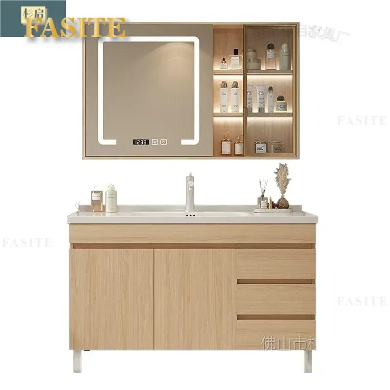 For Bathroom Solid Wood Floor to Ceiling Ceramic Integrated Basin Cabinet with Smart Mirror Log Color Vanity Unit Washbasin