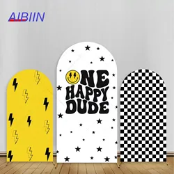 One Happy Dude Arch Backdrop Cover Black Stripe Grid Lightning Yellow Smile Birthday Party Decor Kids Boy 1 Year Background
