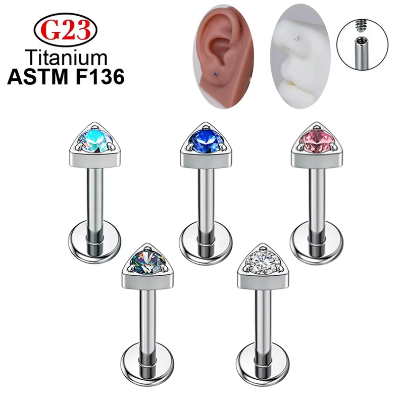 Classic ASTM F136 Titanium 16G Triangle CZ Internally Threaded Flat Back Nose Stud Labret Cartilage Tragus Helix Piercing Hot