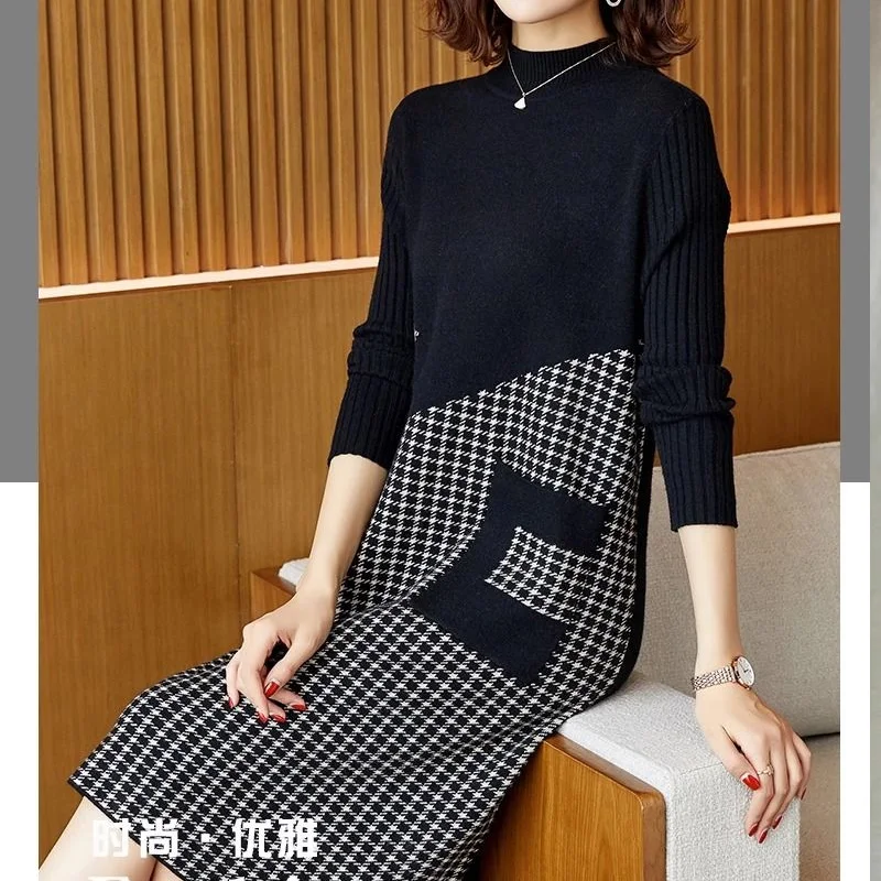 Autumn Winter New Half High Collar Long Sleeve Midi Dress Women High Street Plaid Printing Dresses Elegant Pocket Knitting Robe