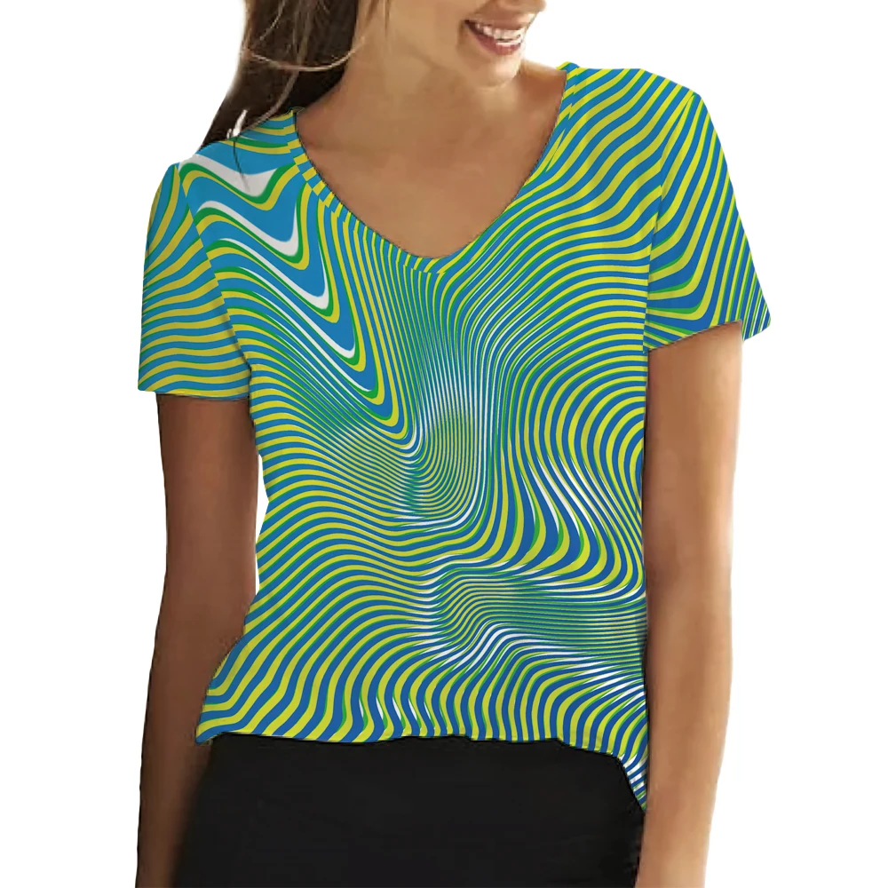 Colorful Visual Illusion Lines Geometry Picture 3D Printed Short Sleeve V-neck Normal Size Women T-shirt Fashion Funny Top