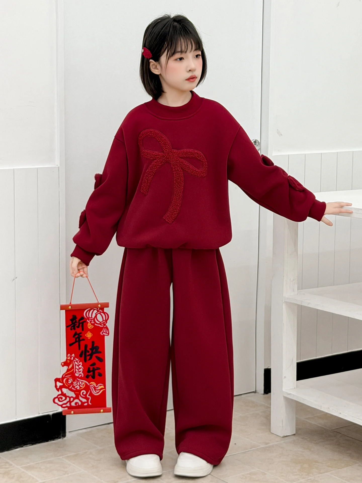 

Thiened Fce Children's Outfit Autumn Winter High Waist Wide Leg Pants Sweatirt Two Piece Set for Girls Trendy Korean S...