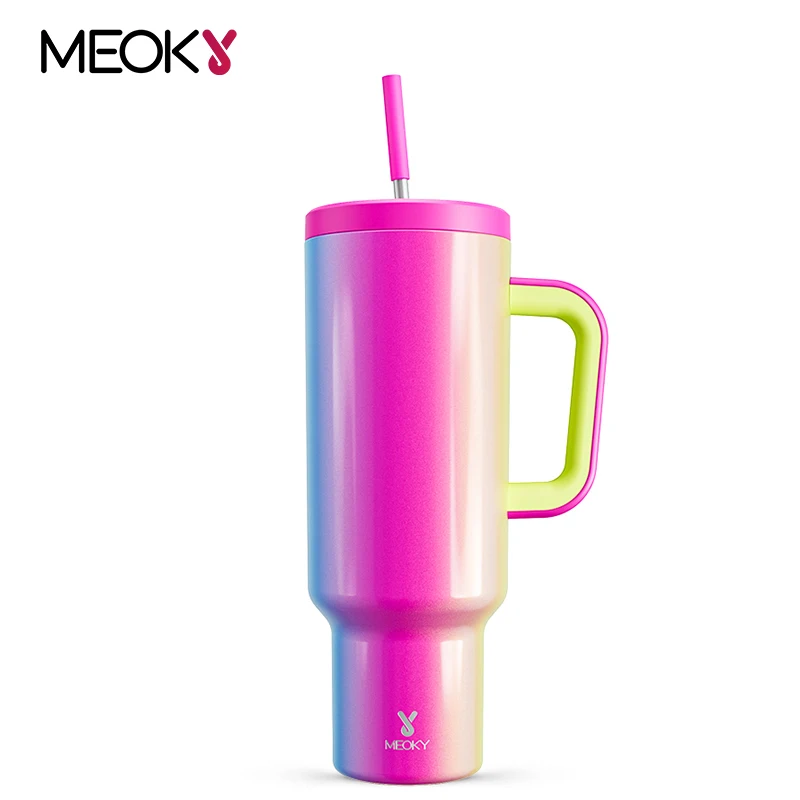Meoky 손잡이가 달린 텀블러, 빨대 뚜껑, 스테인레스 스틸, 커피 테모스 컵, 자동차 머그잔, 진공 컵, 나노 식품 등급, 냉장 가능, 50oz