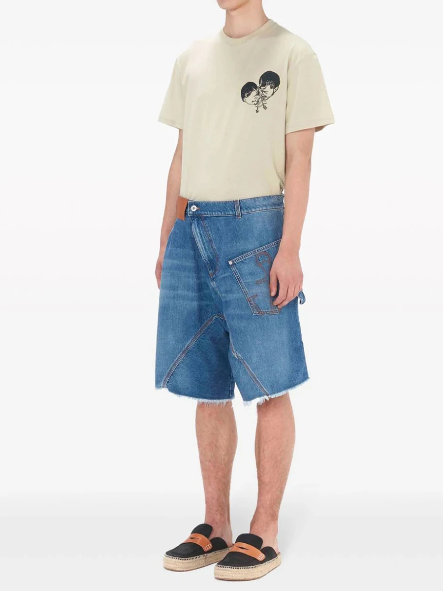 ReddaChic sfilacciato Patchwork irregolare pantaloncini di Jeans uomo baffi asimmetrici Casual estate vita bassa Jeans larghi jords vestiti retrò