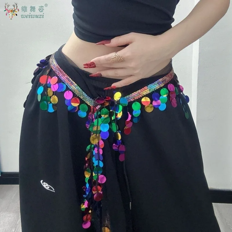 Cinto de prática de dança do ventre, lantejoulas coloridas, corrente de cintura, cortina de peido para dança de jazz, acessórios de treinamento de dança oriental para adultos