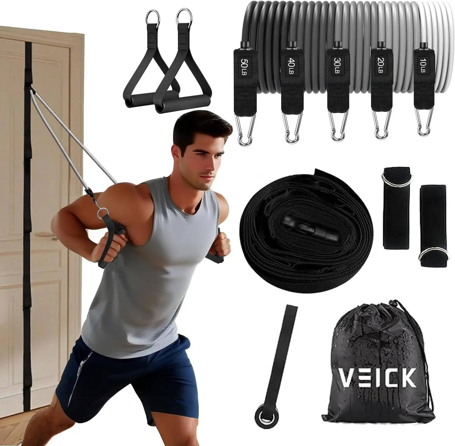 

5-Level Resistance Bands Set with Handles, Ankle Straps & Door Anchor for Home Workouts, Yoga, Fitness
