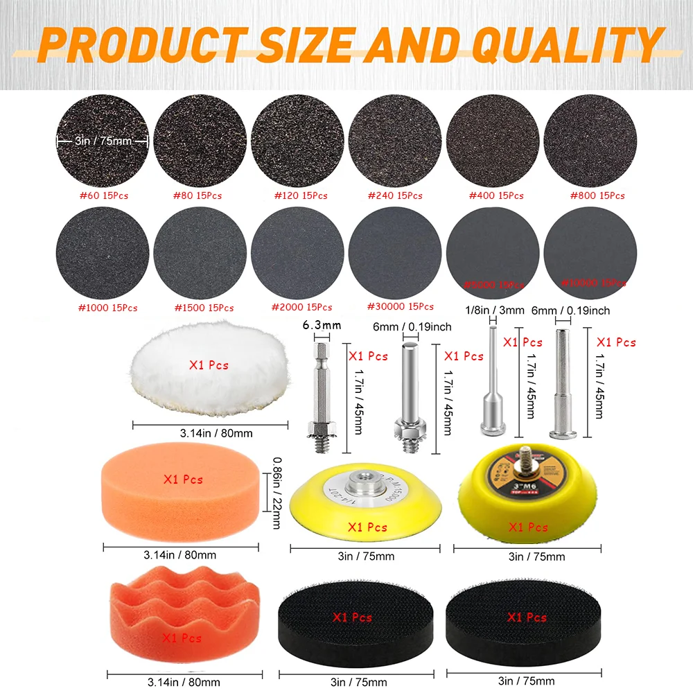 3 Inch Sanding Disc Drill Polishing Kit 191Pcs Assorted 60-10000 Grit Wet Dry Silicon Carbide with Sanding Pads and Soft Sponge