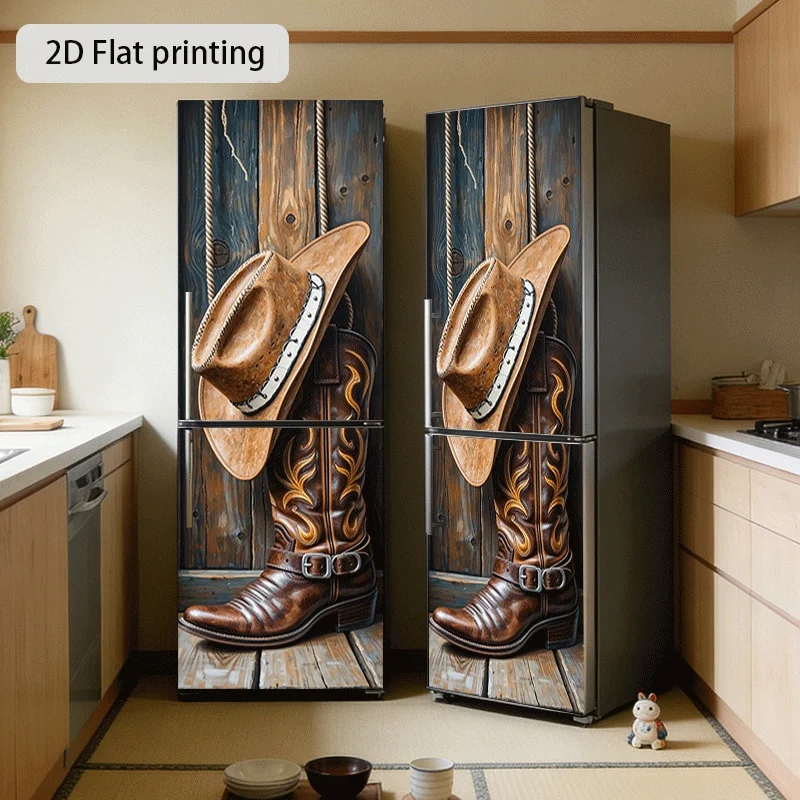 Refrigerator Sticker, Western Style Boots and Hat Theme Design, Self-Adhesive Wall Decal for Cabinets and Wardrobes, Modern K
