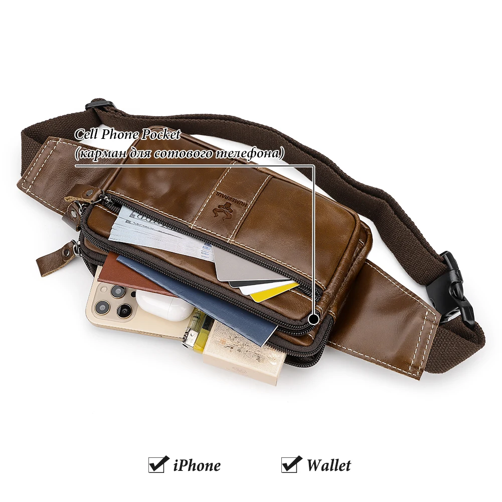 HUMERPAUL Genuine Leather Men\'s Waist Bag Classic Travel Fanny Chest Pack Multifunction Outdoor Storage Mobile Phone Bag