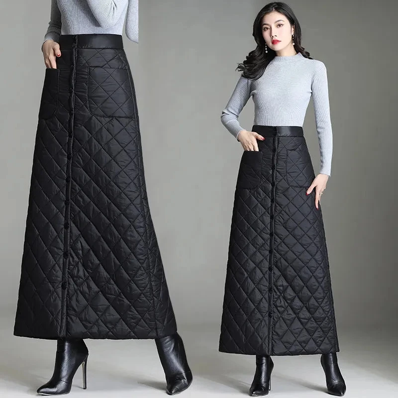 Autumn Winter Thick Warm Down Cotton Padded Skirts Women High Waist Windproof Belt Warm Puffer Skirts Large Size Long Skirts 5XL