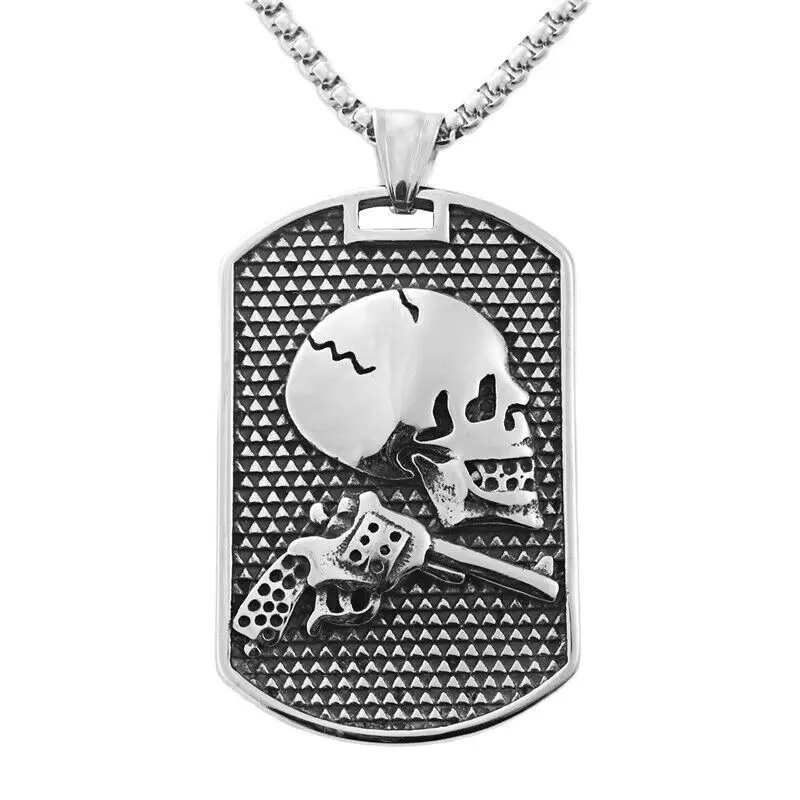 Men's Large Heavy Skull Gun Stainless Steel Pendant Necklace Chain
