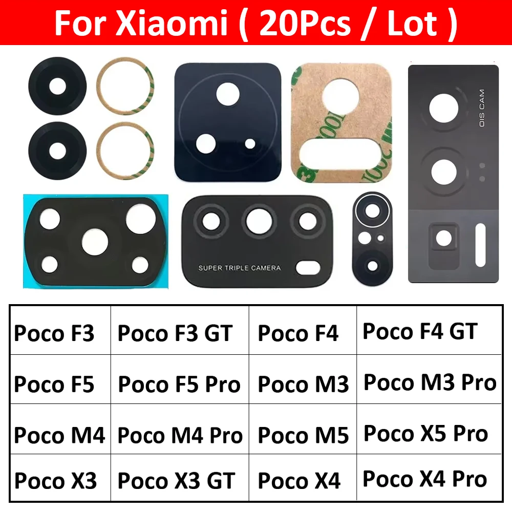 

20 шт., стеклянная линза задней камеры для Xiaomi Poco F3 F4 F5 M3 M4 M5 X3 X4 X5 Pro 4G 5G GT Стекло камеры с клеем