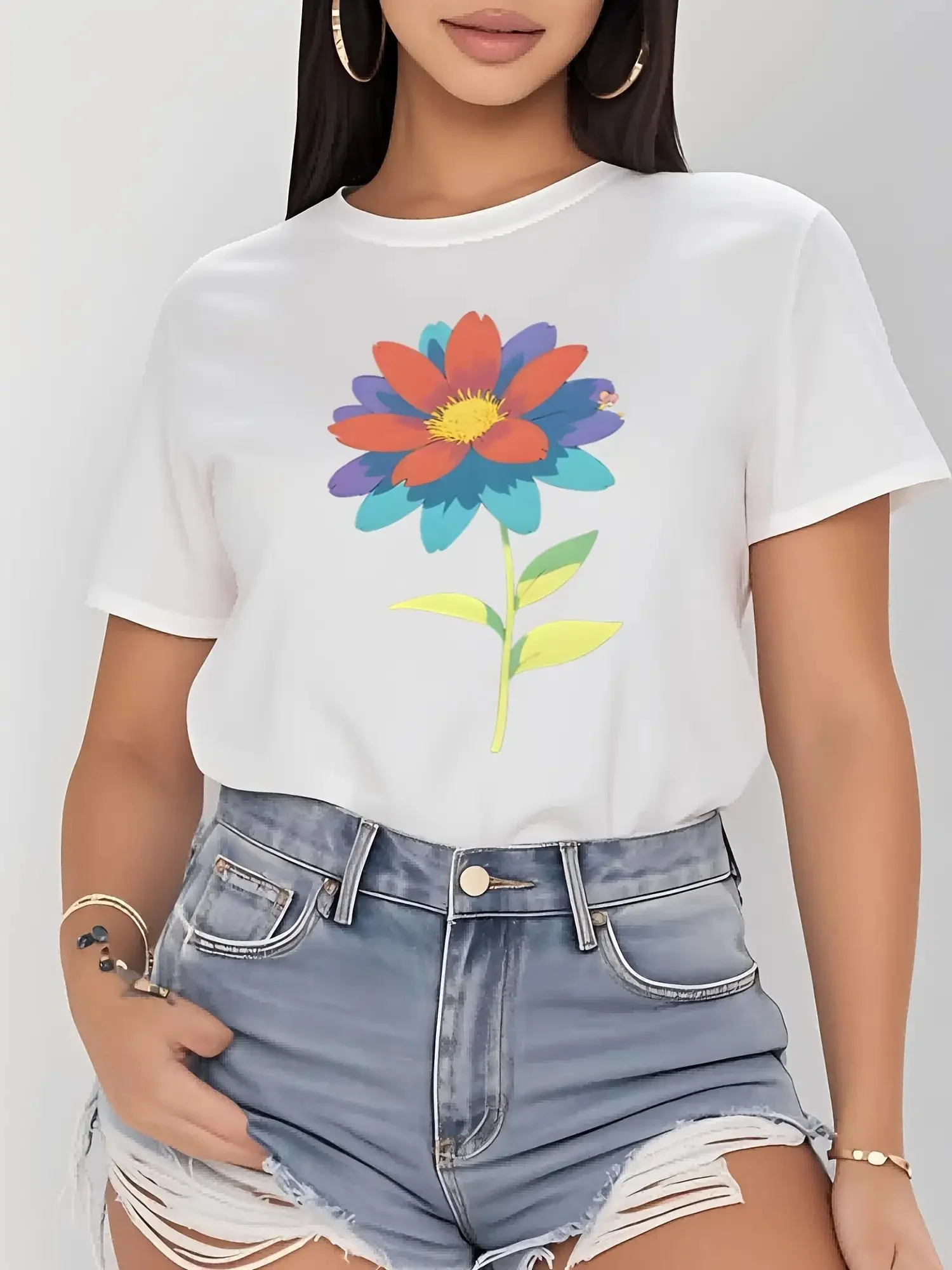 2026 Women'S with Vibrant Multicolor Geometric Floral Print Round Neck Sleeve Elegant Polo for Cherri Red for For Women Graphic